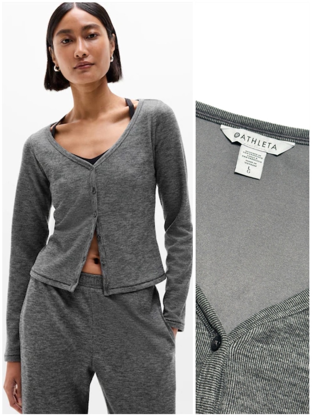 Athleta Sunday Rib Cardigan Dark Grey Heather Long Sleeve Top V-Neck